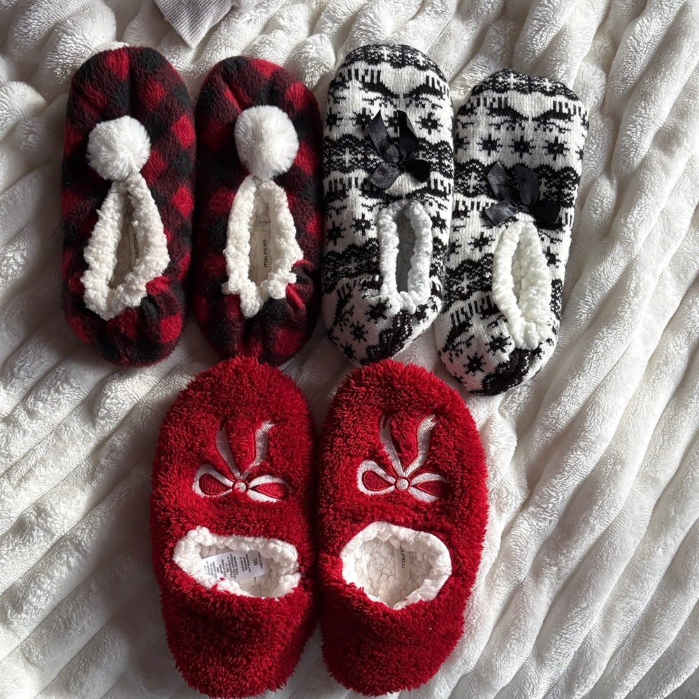Maurices Red Plaid, Black & White Fair Isle, and Red Fuzzy Women's Slipper Set
